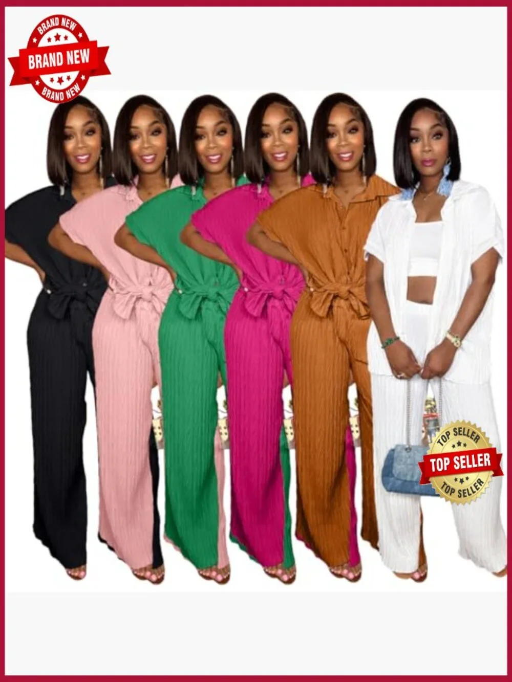 Two Piece Set - Button Down Shirt & Wide Leg Pants Matching Tracksuit